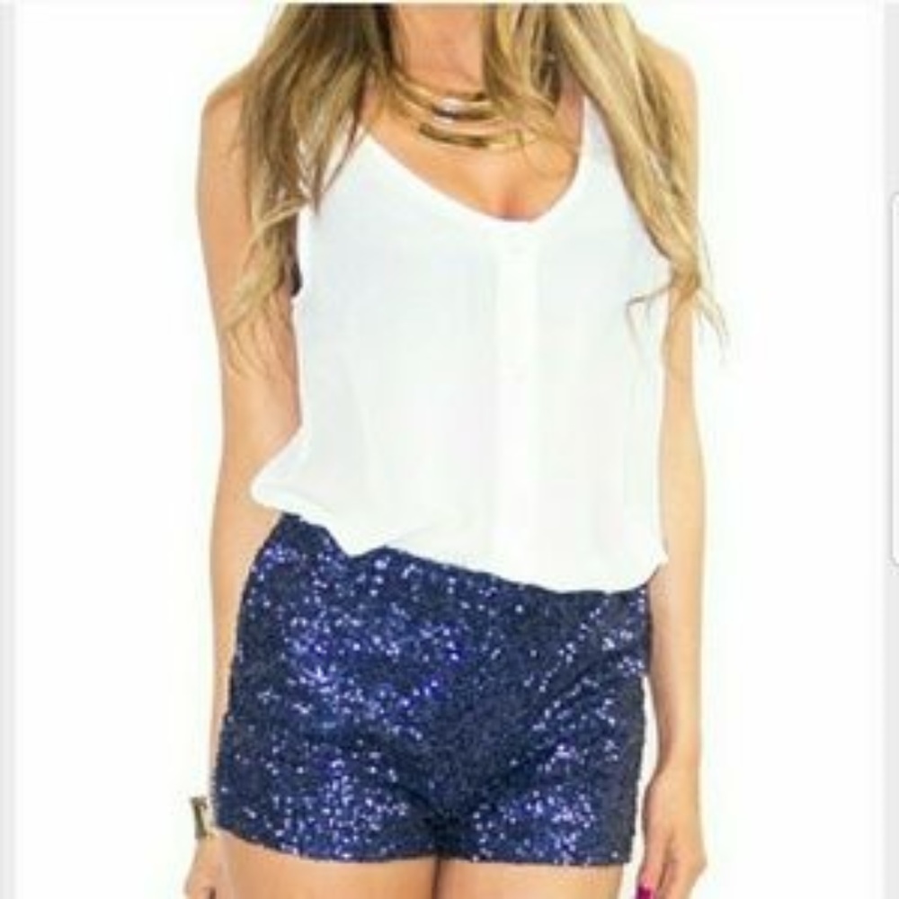 sold out! BLUE SEQUIN SHORTS - Picture 2 of 4